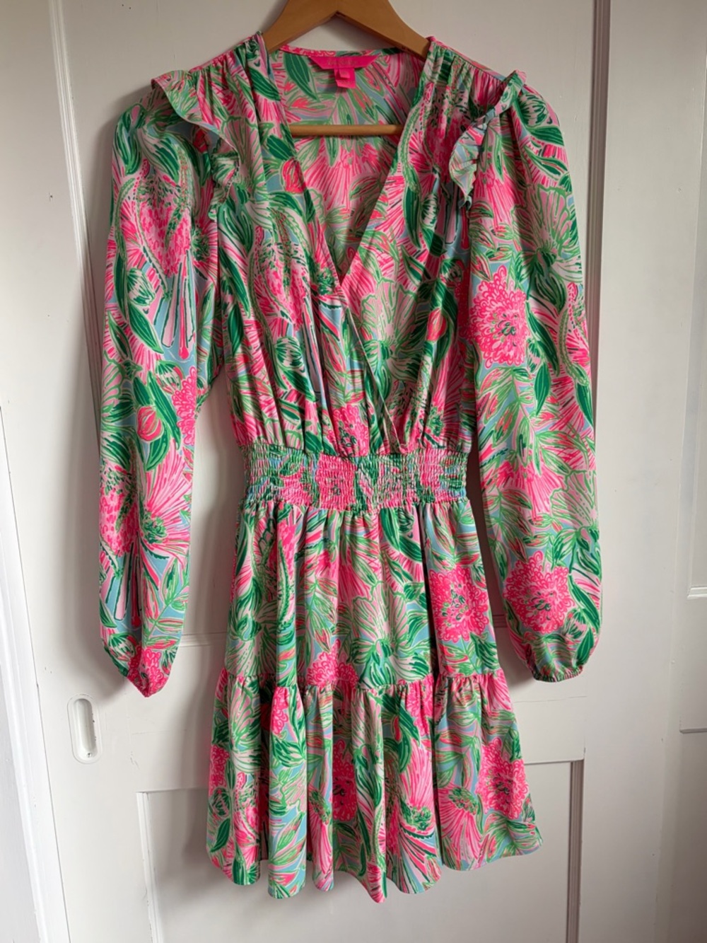 Lilly Pulitzer Pink & Green Floral Long Sleeve Smocked Waist Dress